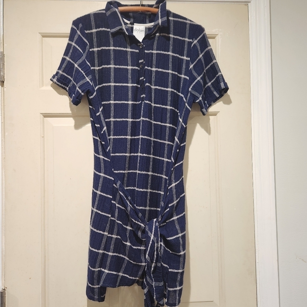 Dolan Anthropologie Breton Gauze Dress Navy Blue Plaid Tie Front Shirt Dress - Picture 2 of 11